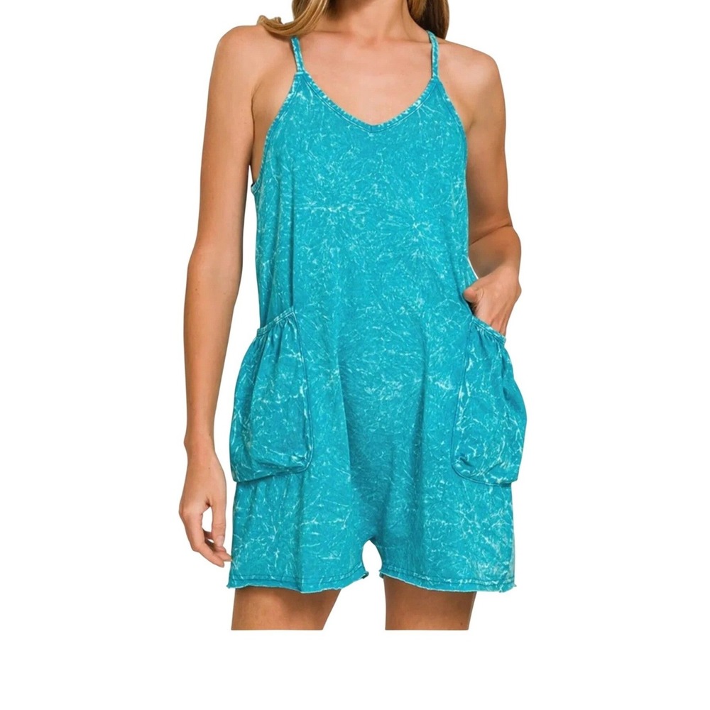 Zenana Acid Crinkle‎ Washed Spaghetti Strap Romper Teal Blue V-Neck Pocket Small